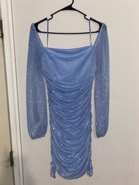 Nordstrom Light Blue Glitter Ruched Off-Shoulder Long Sleeve Dress